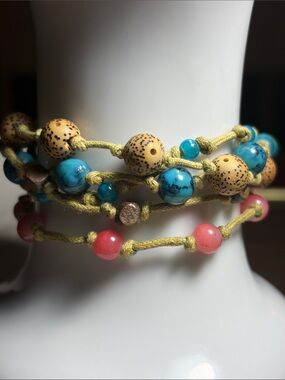 Vintage Handmade Multicolor Beaded Wrap Bracelet - Turquoise, Pink & Natural